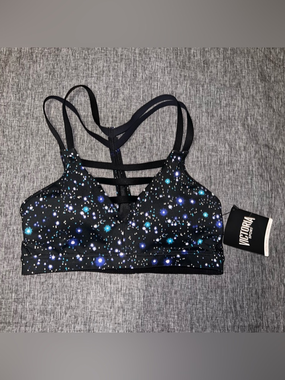 VSX Victoria’s Secret Black Galaxy Print Strappy Sports Bra Purple Teal White